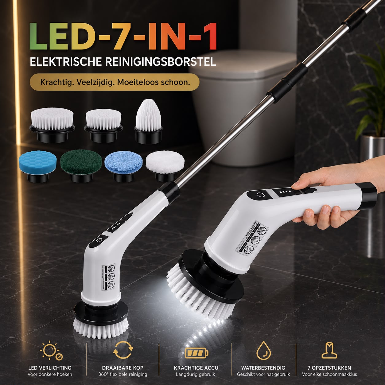 AquaFlex LED-7-in-1 Elektrische Reinigingsborstel met opzetstukken